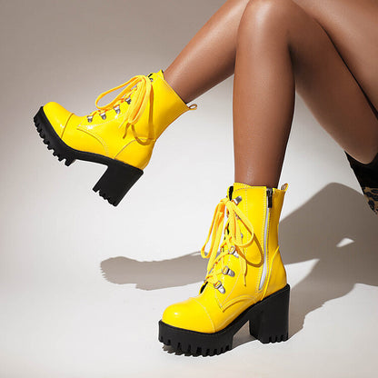 Patent leather chunky-heel riding boots with thick sole front detail, My Store