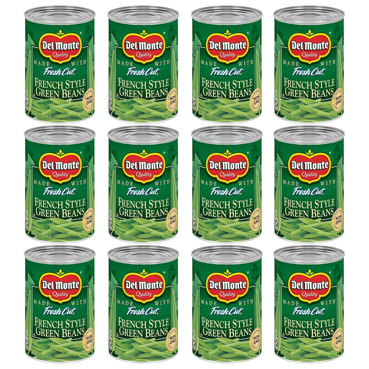 Canned green beans with Del Monte brand label, 14.5 oz green beans in a 4-pack, ready for cooking or serving.