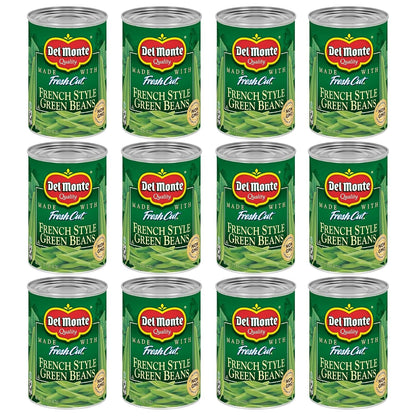 Canned green beans with Del Monte brand label, 14.5 oz green beans in a 4-pack, ready for cooking or serving.