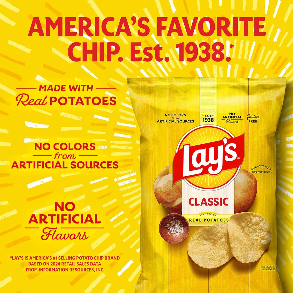 Lay's Classic potato chips in a 10-pack, crispy and golden snack bag, showcasing the popular Lay's brand potato chips.