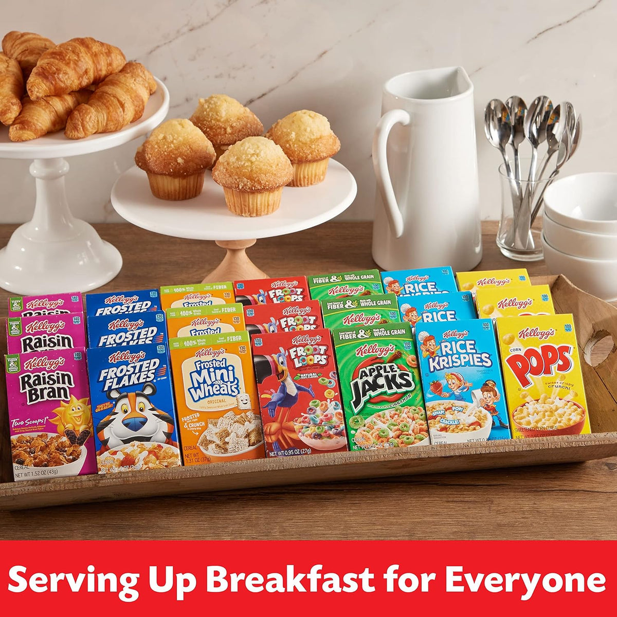 Assorted Kellogg's cold breakfast cereals in 48-box variety pack, featuring colorful cereal boxes for kid snacks and pantry staples.