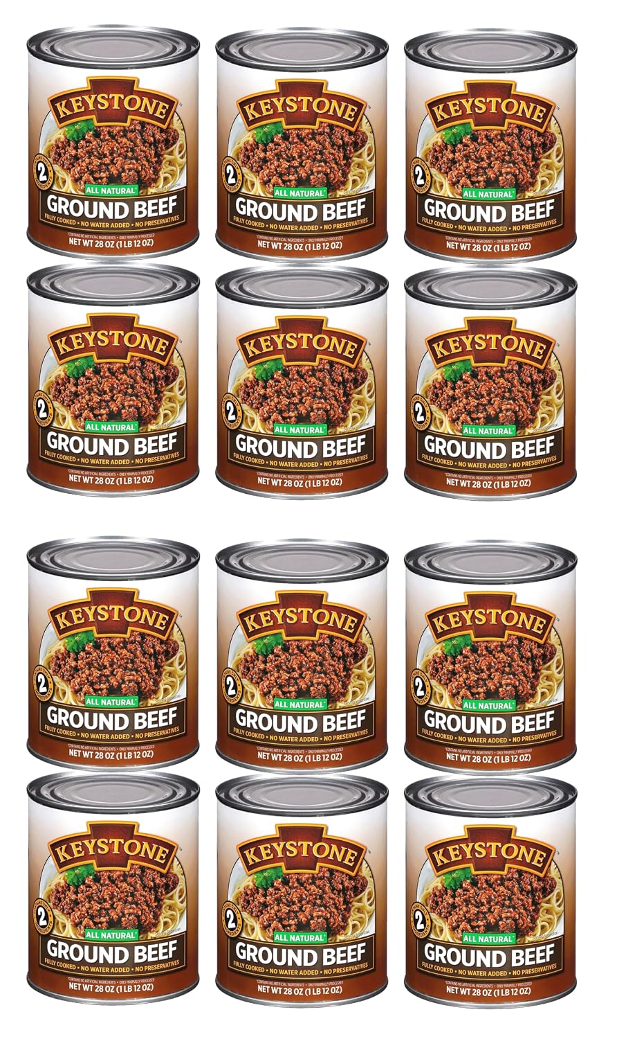 Canned Keystone All Natural Heat and Serve Ground Beef in 14 oz can, ready-to-eat pantry staple for meals or emergencies.