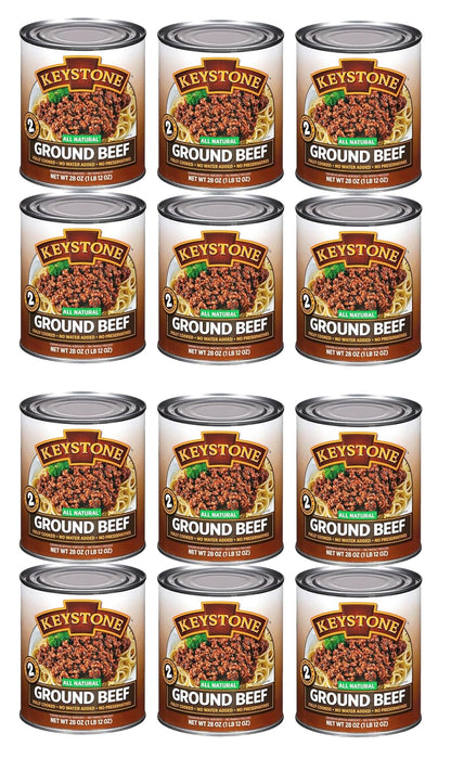Canned Keystone All Natural Heat and Serve Ground Beef in 14 oz can, ready-to-eat pantry staple for meals or emergencies.