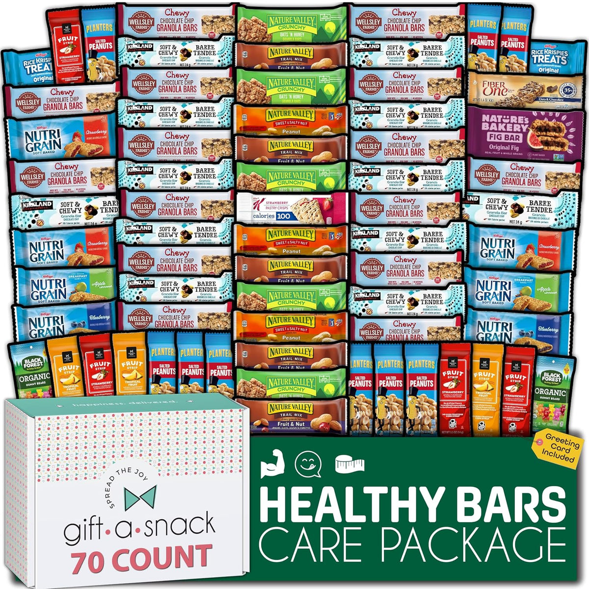 Nut Cravings healthy snack box variety pack with assorted snacks and a 60-count greeting card for gift-giving.