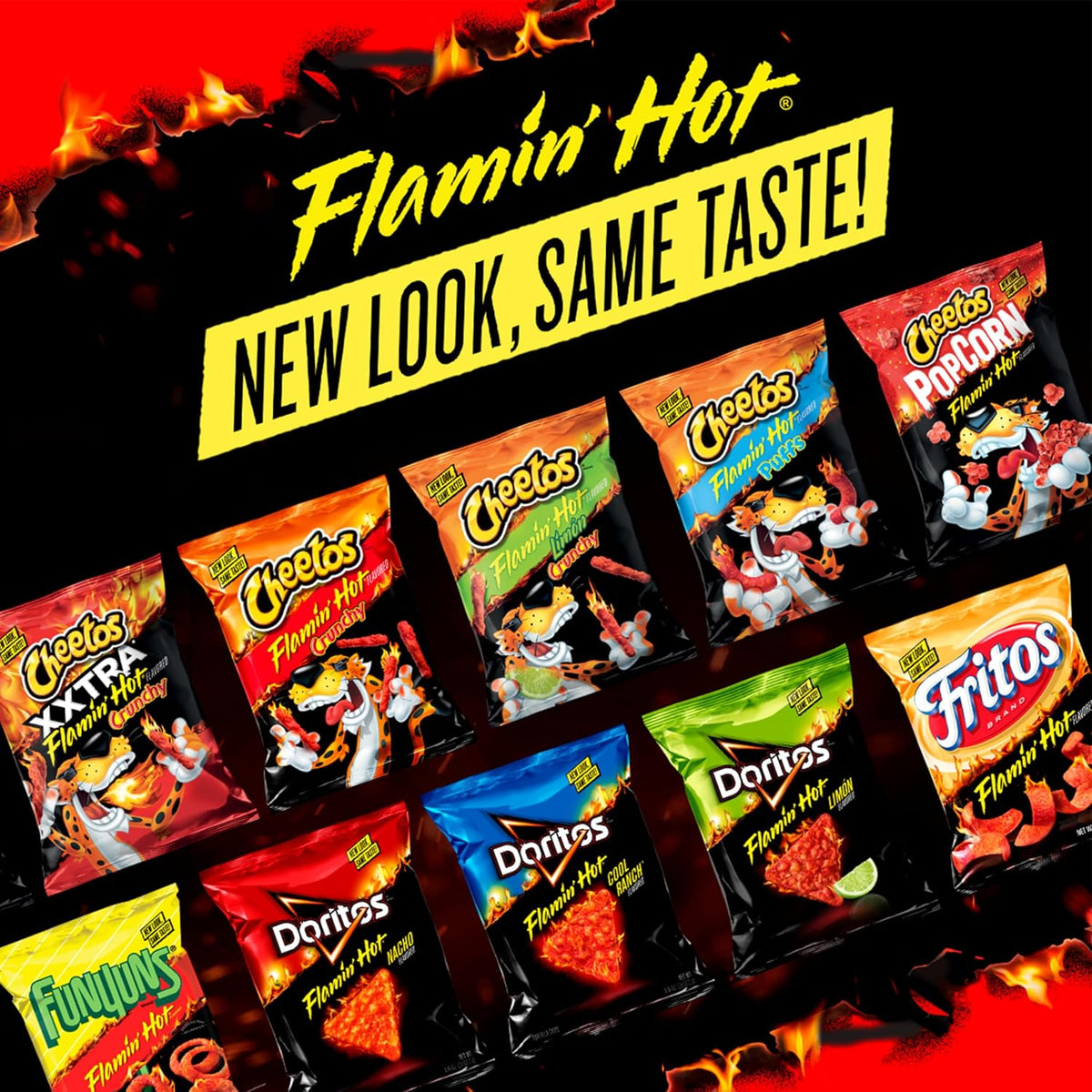 Frito Lay Flamin' Hot Mix variety snack chips including Cheetos, Doritos, Chester's, and Funyuns in a 40-count pack.