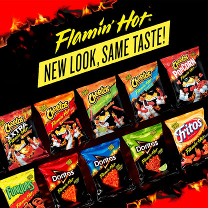 Frito Lay Flamin' Hot Mix variety snack chips including Cheetos, Doritos, Chester's, and Funyuns in a 40-count pack.