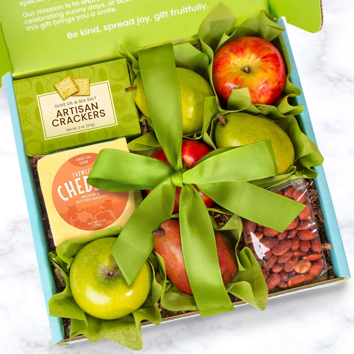 Fresh fruit gift basket by A Gift Inside, featuring mixed fruit, cheese, and olive oil crackers for special occasions.