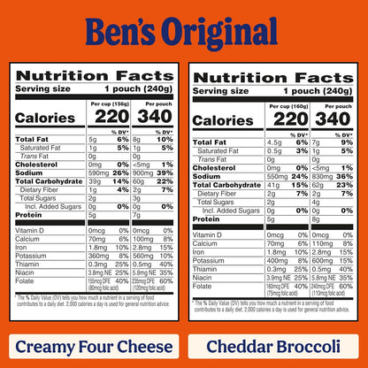 Ben's Original Ready Rice Four Cheese & Cheddar Broccoli microwave rice pack, 8.5oz, featuring creamy cheese and broccoli in a convenient pack.