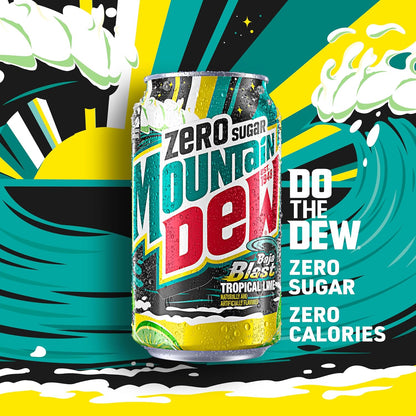 12 Mountain Dew Baja Cabo Citrus Zero Sugar soda cans, 12 fl oz each, featuring vibrant citrus-themed packaging.