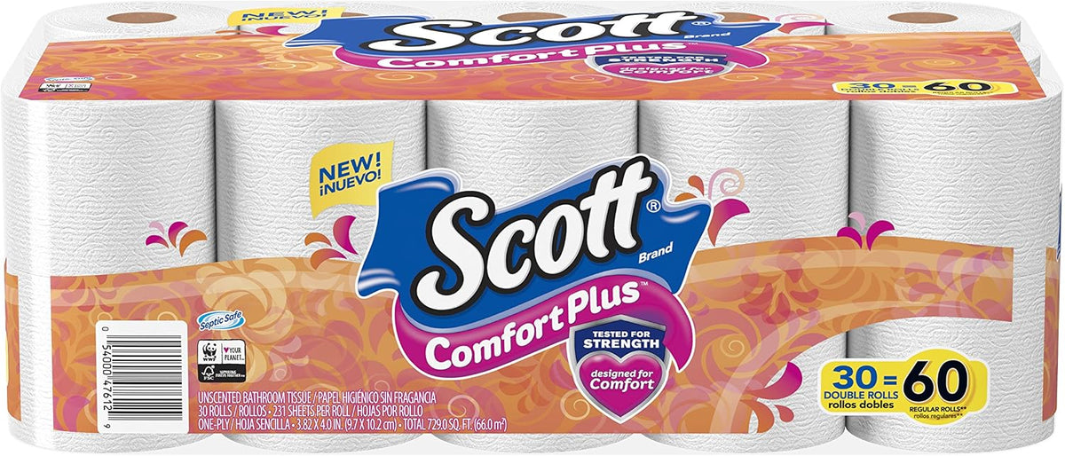Scott ComfortPlus toilet paper, 12 triple rolls with 231 sheets per roll, septic-safe, 1-ply toilet tissue shown in the image.