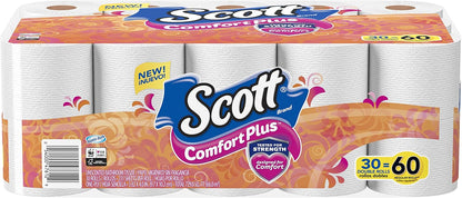 Scott ComfortPlus toilet paper, 12 triple rolls with 231 sheets per roll, septic-safe, 1-ply toilet tissue shown in the image.