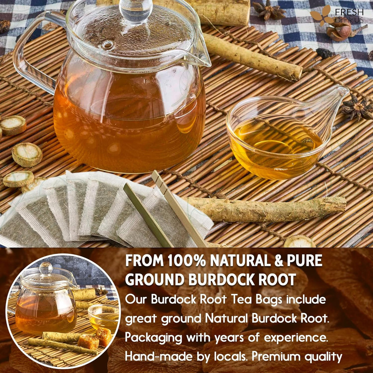 Burdock Root Tea Bags, 100% Natural & Pure from Burdock Root. Burdock Root Herbal Tea. Burdock Root Tea. No Sugar, No Caffeine, No Gluten, Vegan.
