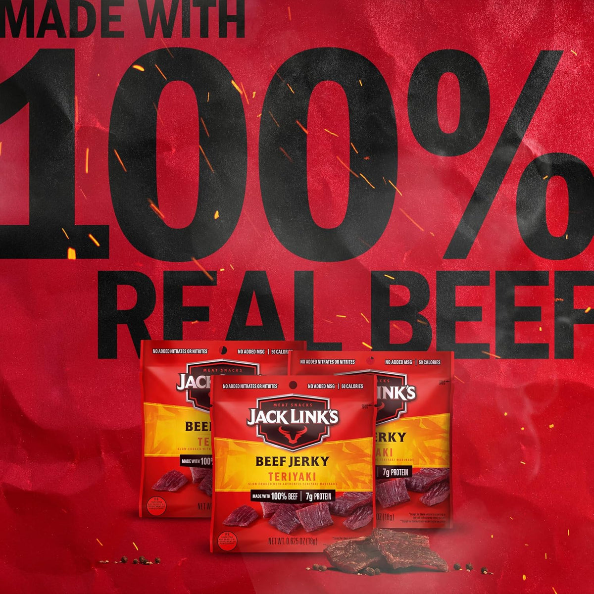 Jack Link's Teriyaki Beef Jerky multipack with five 0.625 oz packs, showcasing flavorful, sliced beef jerky in a clear package.