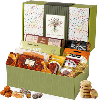 Broadway Basketeers sympathy snack gift box with assorted comforting treats in a care package for condolence support.