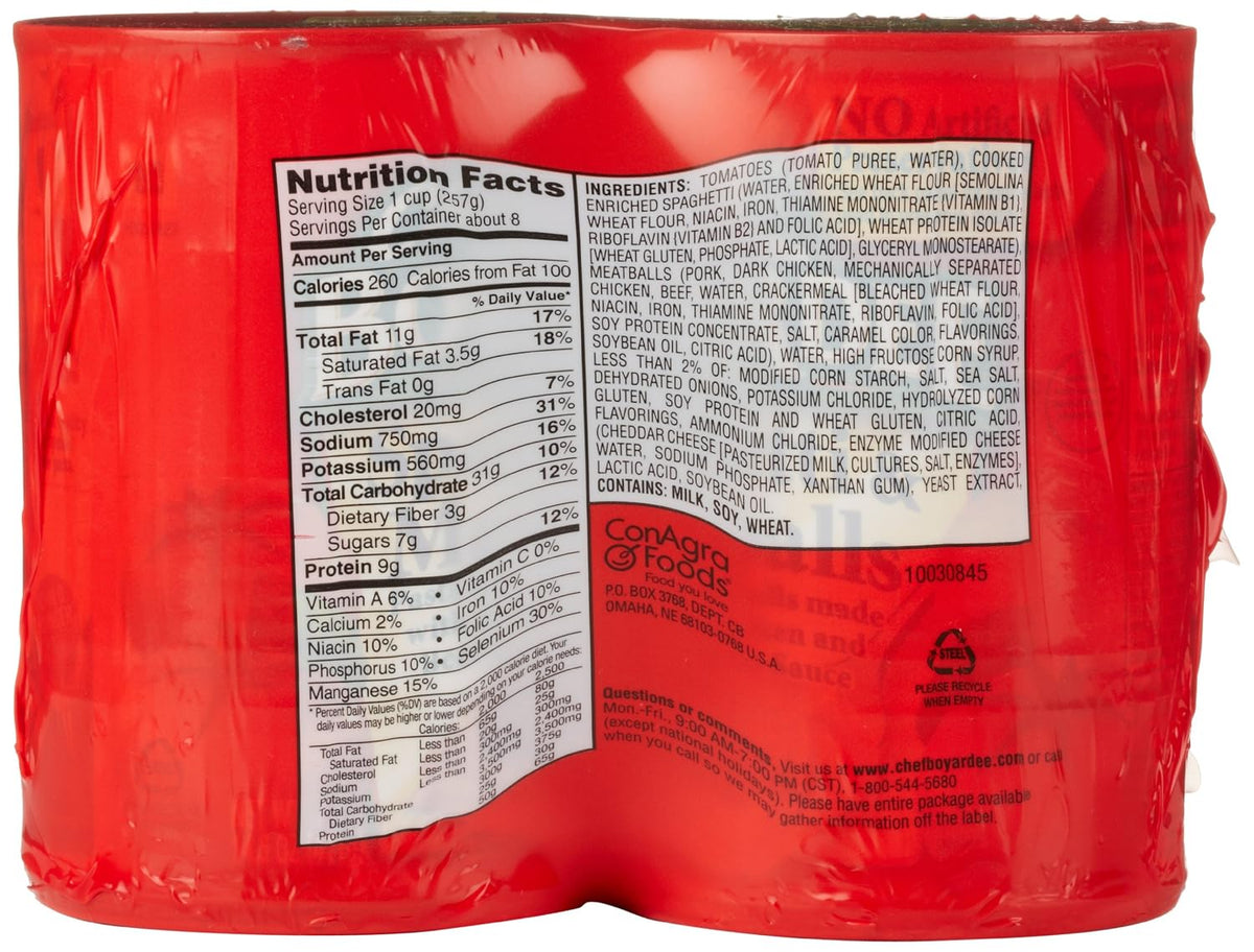 Four cans of Chef Boyardee Spaghetti and Meatballs, 14.5 oz each, displayed with labels showing pasta and meatball images.