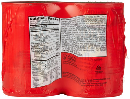 Four cans of Chef Boyardee Spaghetti and Meatballs, 14.5 oz each, displayed with labels showing pasta and meatball images.