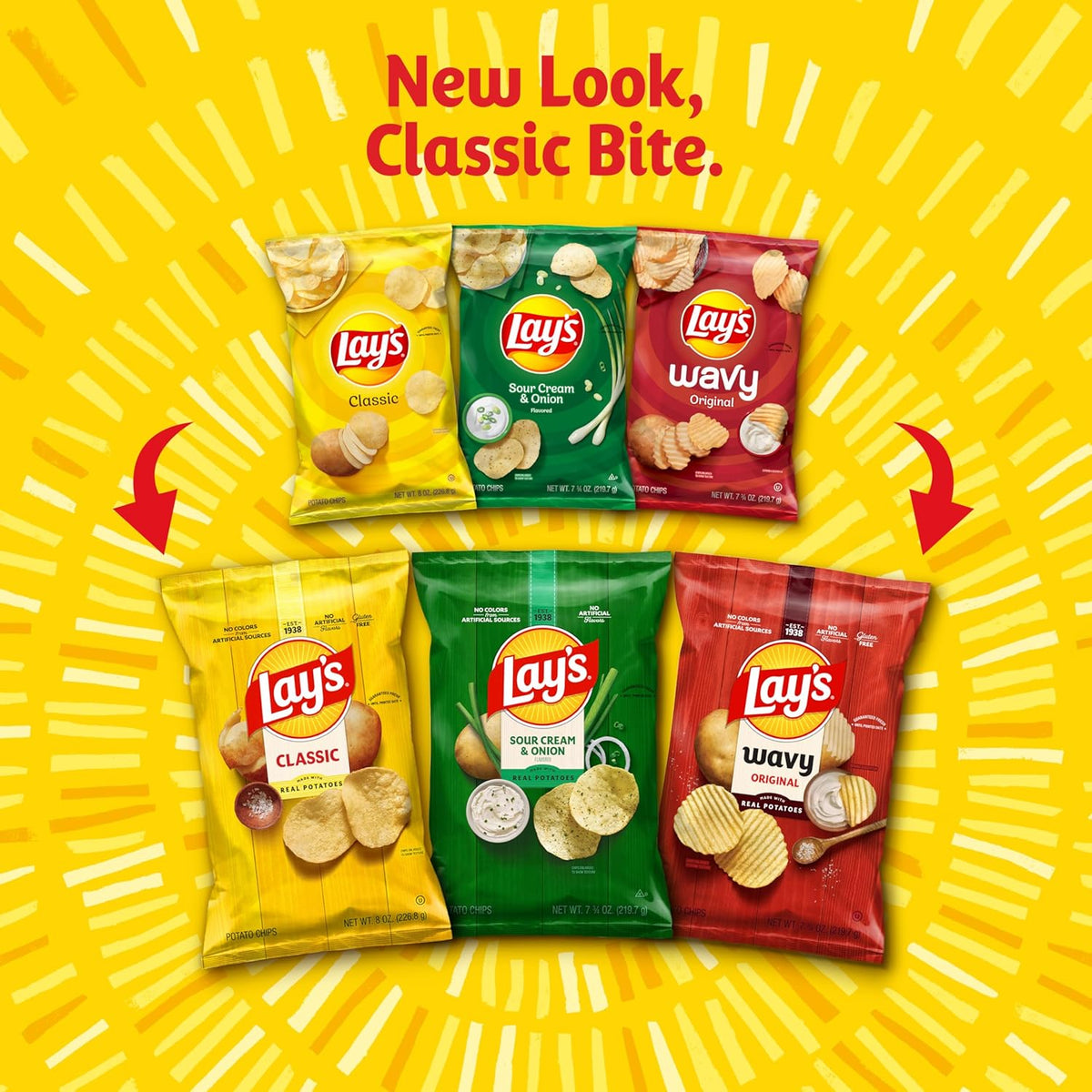 Lay's Potato Chips 4-flavor variety pack with 1 oz single-serve bags, featuring colorful bags in a multi-pack arrangement