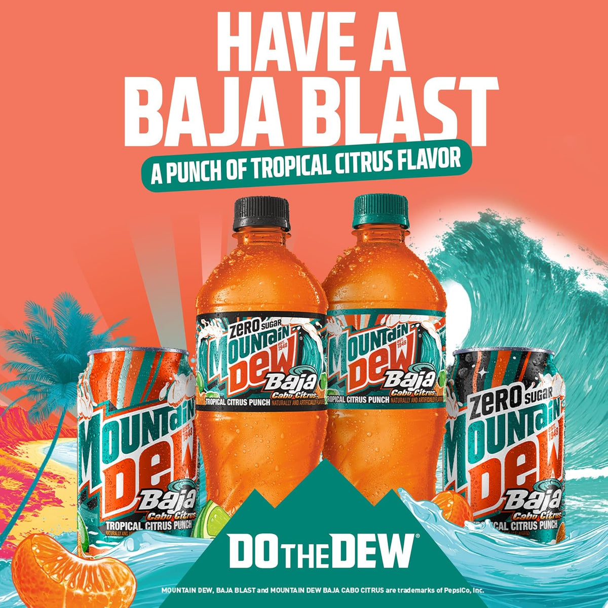 Pack of 12 Mountain Dew Baja Cabo Citrus Zero Sugar soda cans, 12 fl oz each, featuring vibrant citrus branding on aluminum cans.
