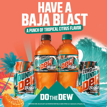 Pack of 12 Mountain Dew Baja Cabo Citrus Zero Sugar soda cans, 12 fl oz each, featuring vibrant citrus branding on aluminum cans.