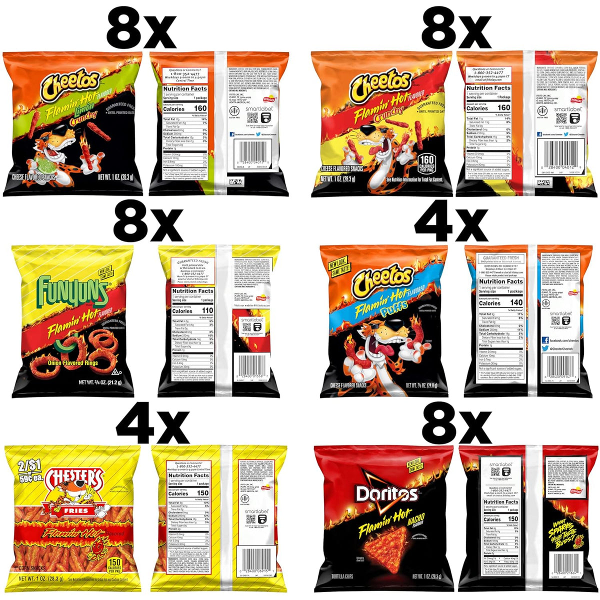 Frito Lay Flamin' Hot Mix variety snack chips including Cheetos, Doritos, Chester's, and Funyuns in a 40-pack, single-serve bags.