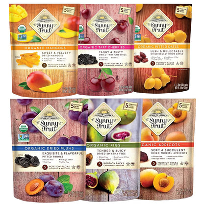 Assorted Sunny Fruit dried fruit snack packs in six bags, featuring a variety of dried fruit portions in clear packaging.