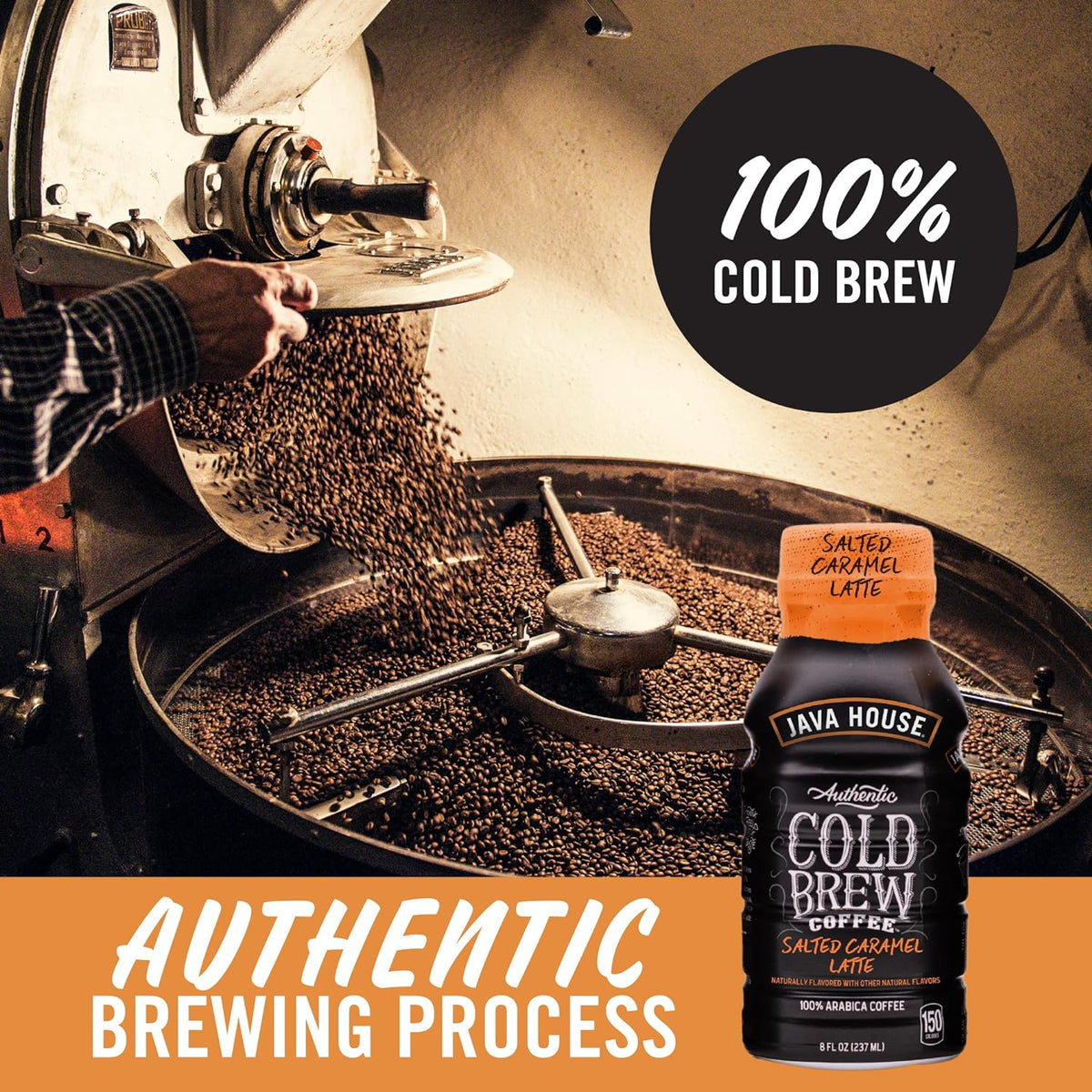 Six Java House Salted Caramel Latte cold brew bottles in 8oz size, part of a 12-pack, showing the bottled drinks with caramel flavor.