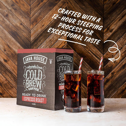Cold brew on tap from Java House, served in a clear glass with ice, showcasing rich espresso cold brew coffee.