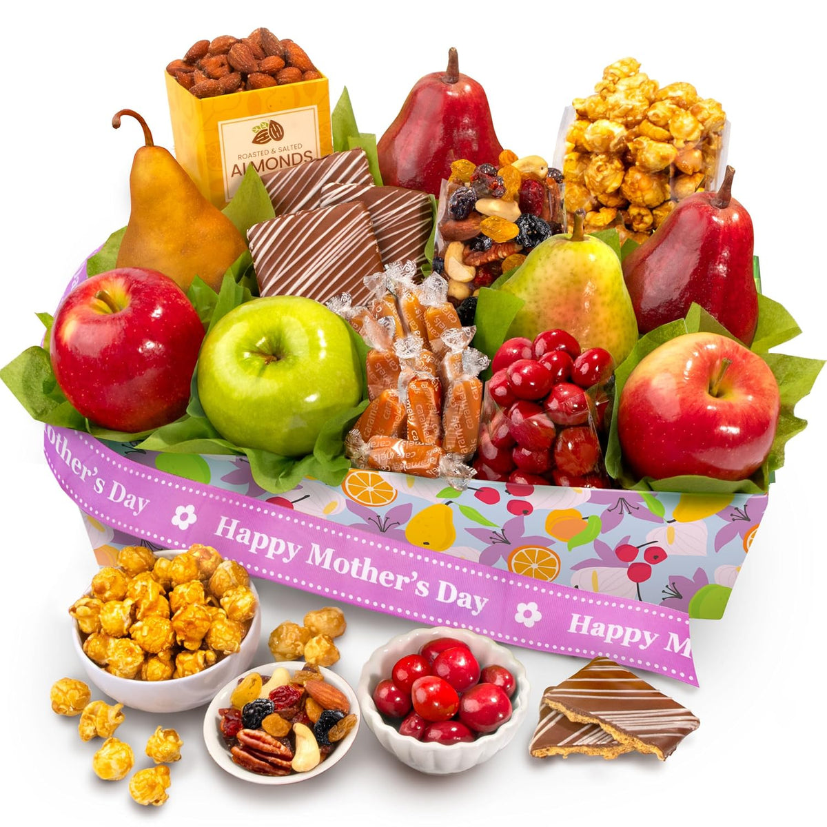 Fresh fruit gift basket by A Gift Inside with pears, apples, nuts, and sweet snacks in a colorful box.