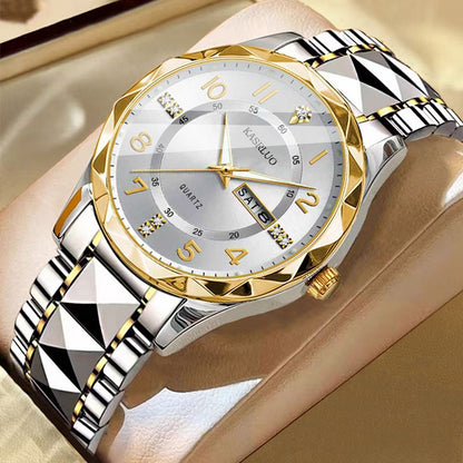 Men's dual calendar waterproof luminous quartz watch with stylish analog dial and stainless steel case