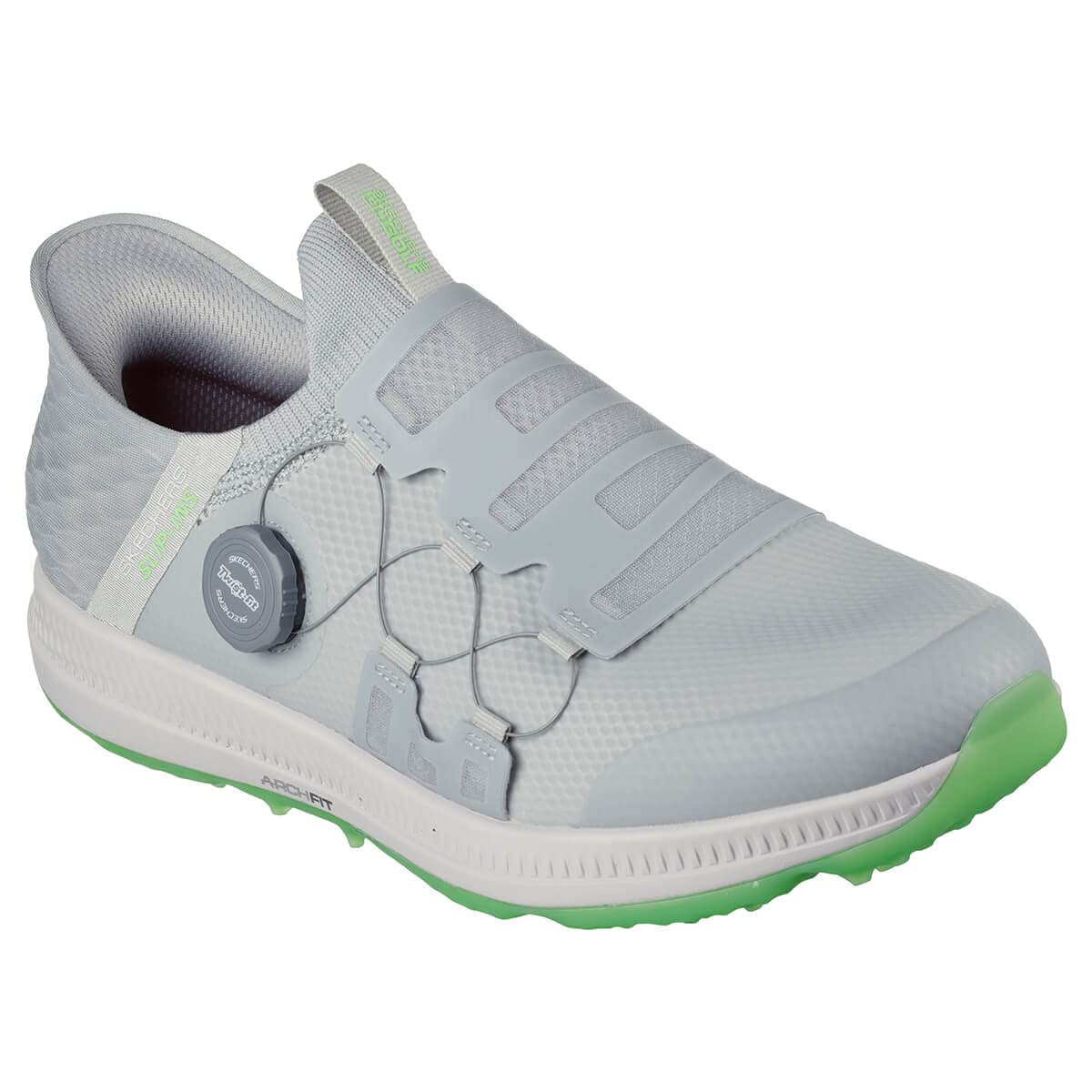 Skechers Men's Go Golf Elite 5 Arch Fit waterproof spikeless golf sneakers in gray and lime, size 9W, designed for comfort and performance.
