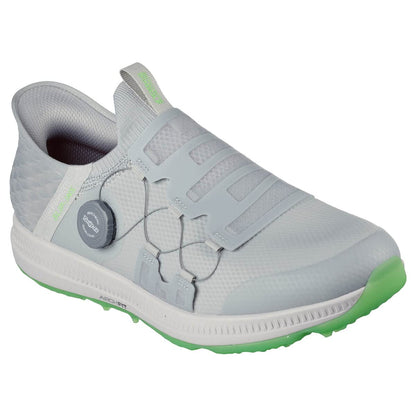 Skechers Men's Go Golf Elite 5 Arch Fit waterproof spikeless golf sneakers in gray and lime, size 9W, designed for comfort and performance.