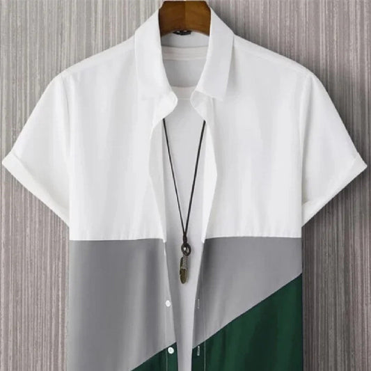 Men's digital print casual shirt with breathable fabric, stand collar, and short sleeves