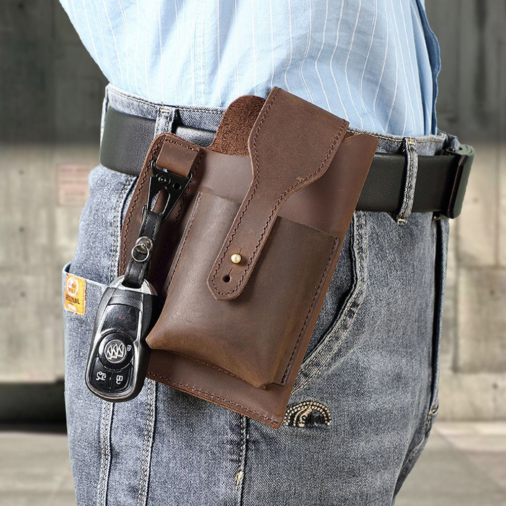 Genuine leather men's cowhide durable work belt-powered bag in brown leather