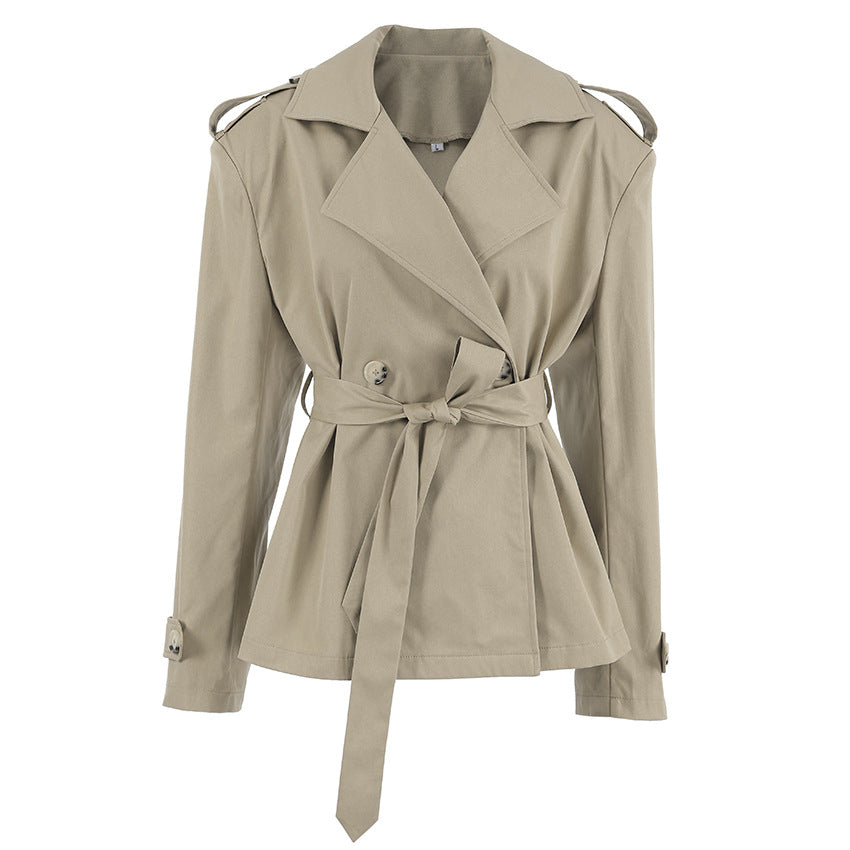 Women's khaki mid-length trench coat with lace-up waist and casual design