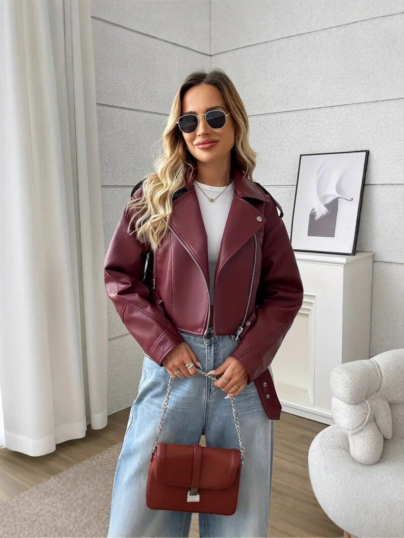 Vintage women's slim-fit short PU leather lapel biker jacket