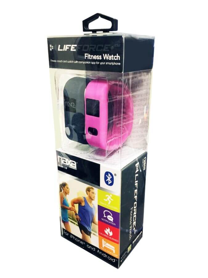 Naxa LifeForce+ fitness smartwatch displaying time, health metrics, and notifications on a sleek black band for iPhone and Android.