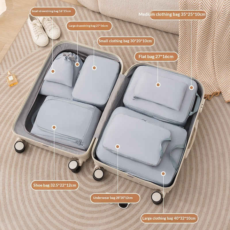 Six-piece compressible travel storage bags and luggage organizers for compartmentalized packing cubes