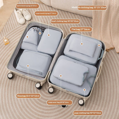 Six-piece compressible travel storage bags and luggage organizers for compartmentalized packing cubes
