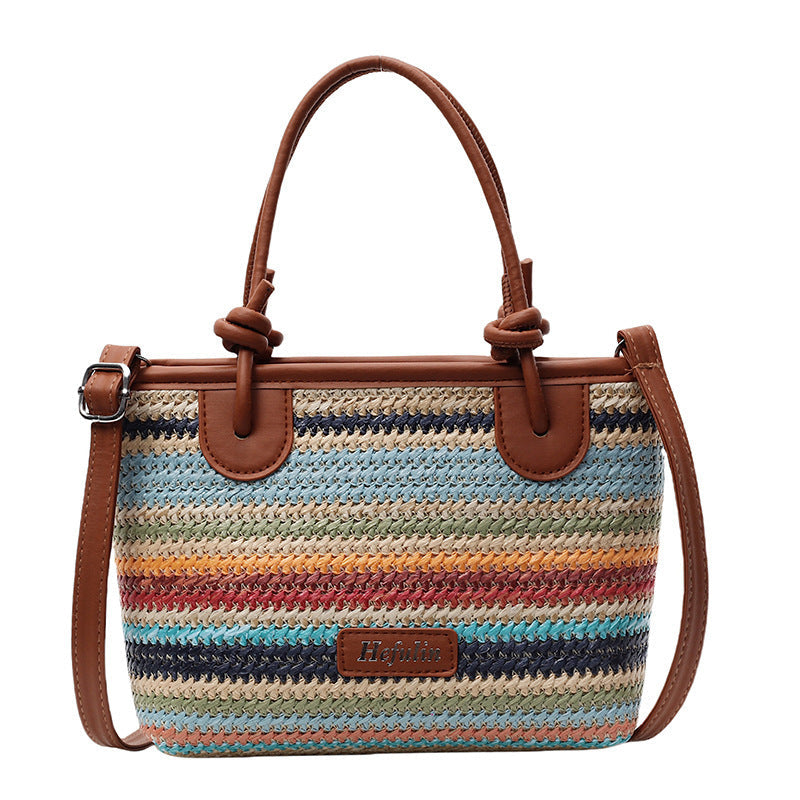 Summer vacation beach-style straw tote and crossbody bag with woven texture and shoulder strap