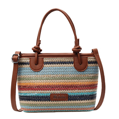 Summer vacation beach-style straw tote and crossbody bag with woven texture and shoulder strap