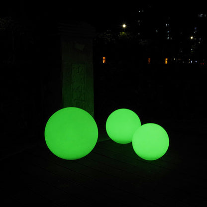 Colorful outdoor waterproof LED ball light, weather-resistant spherical design, shown glowing brightly