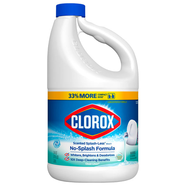 Clorox Scented Splash Less Clean Linen bleach in a 77 fl oz bottle, designed for brightening and freshening laundry.