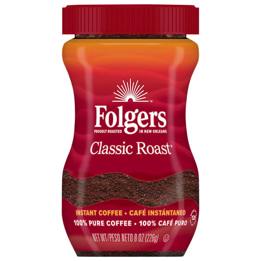 Folgers Classic Roast instant coffee crystals in an 8-ounce jar, ideal for quick brewing and rich coffee flavor.