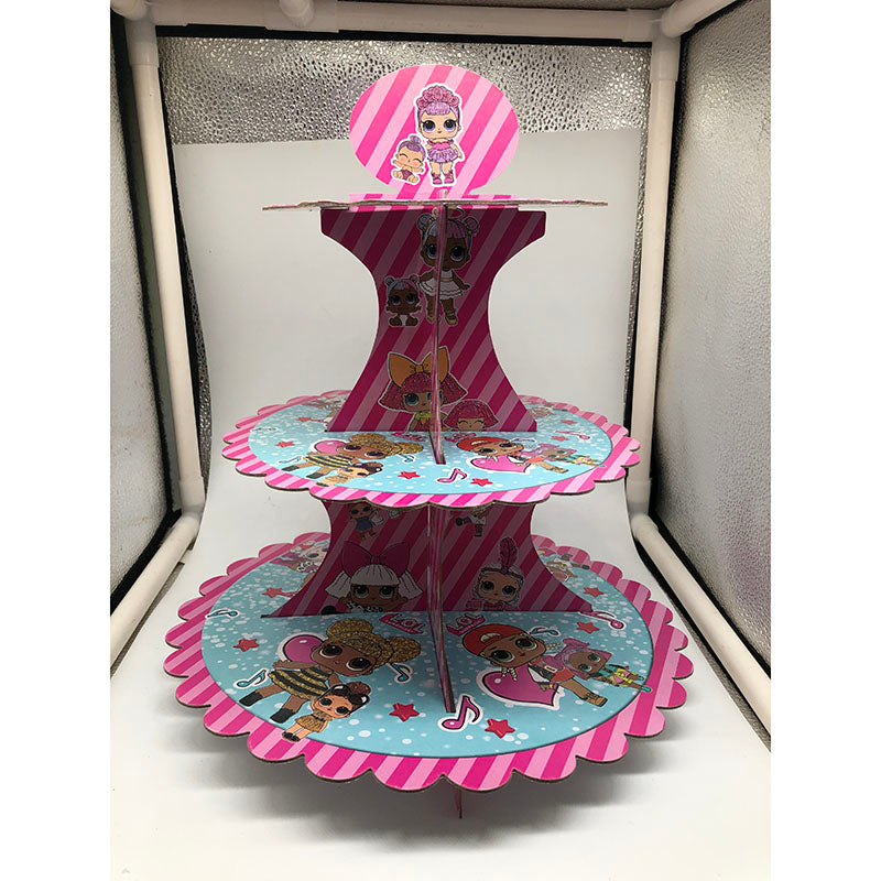 Cartoon doll birthday theme cake stand with colorful party design and decorative details