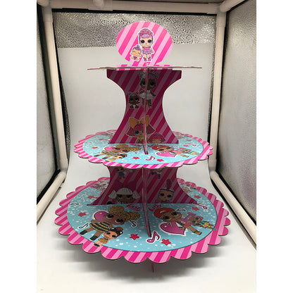 Cartoon doll birthday theme cake stand with colorful party design and decorative details