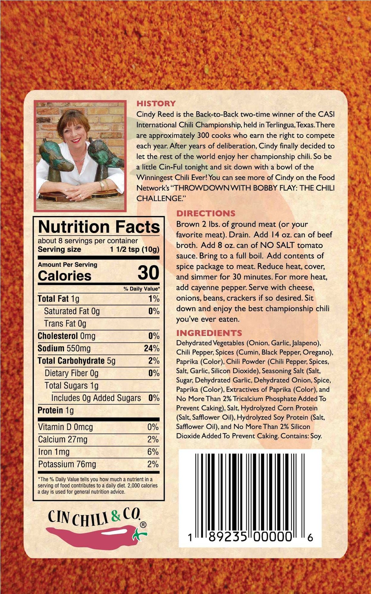Cinderosa Ranch Cin Chili Seasoning Mix packet showing the back label with ingredients and nutritional information.