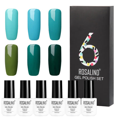 Six-color solid gel polish set in gift box for manicure, featuring assorted nail polish shades