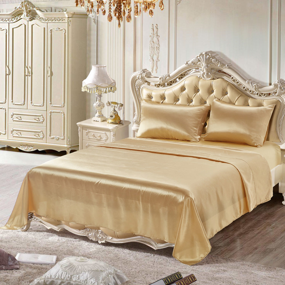 Imitation silk bedding set in a smooth, lustrous fabric, displayed flat for a clear view of its texture