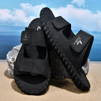 Men's casual outdoor leather slippers by My Store, shown from the side with open-back design