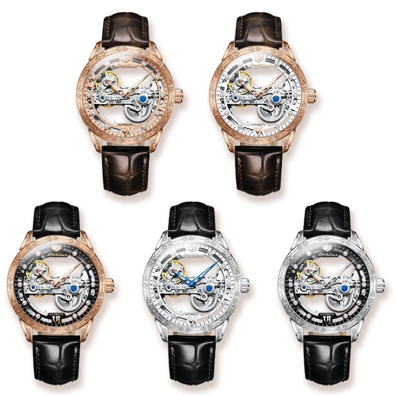 Openwork mechanical watch with waterproof leather strap for men, close-up view